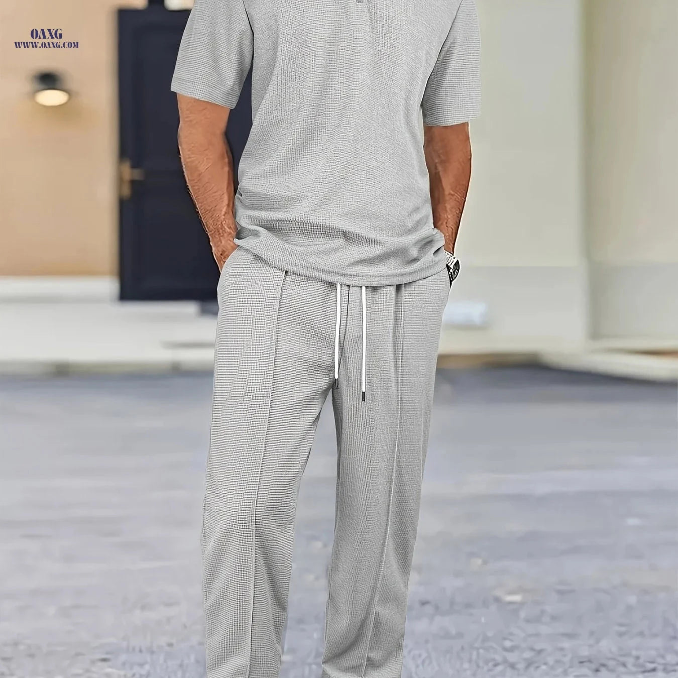 Men's Waffle Knit Casual Set - Zip-Up Lapel Shirt & Drawstring Pants   OAXG 