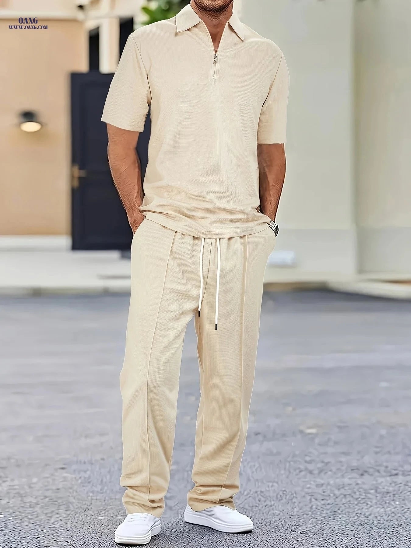 Men's Waffle Knit Casual Set - Zip-Up Lapel Shirt & Drawstring Pants   OAXG 