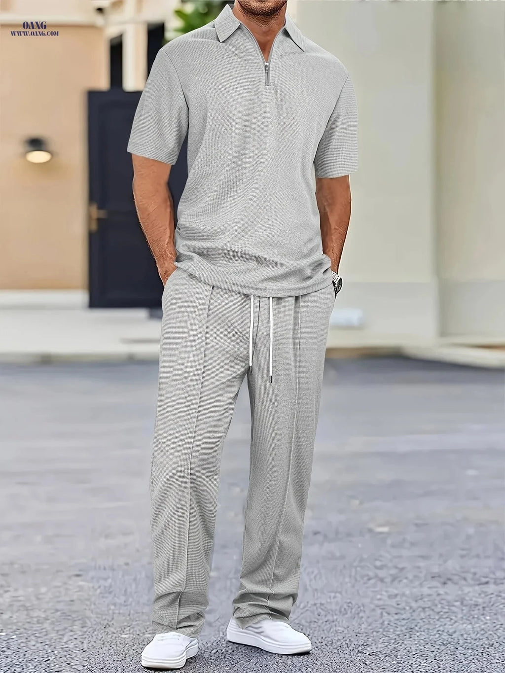 Men's Waffle Knit Casual Set - Zip-Up Lapel Shirt & Drawstring Pants   OAXG 