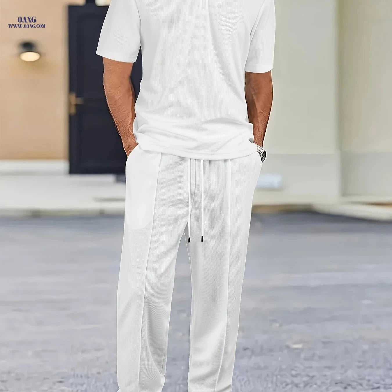 Men's Waffle Knit Casual Set - Zip-Up Lapel Shirt & Drawstring Pants   OAXG 