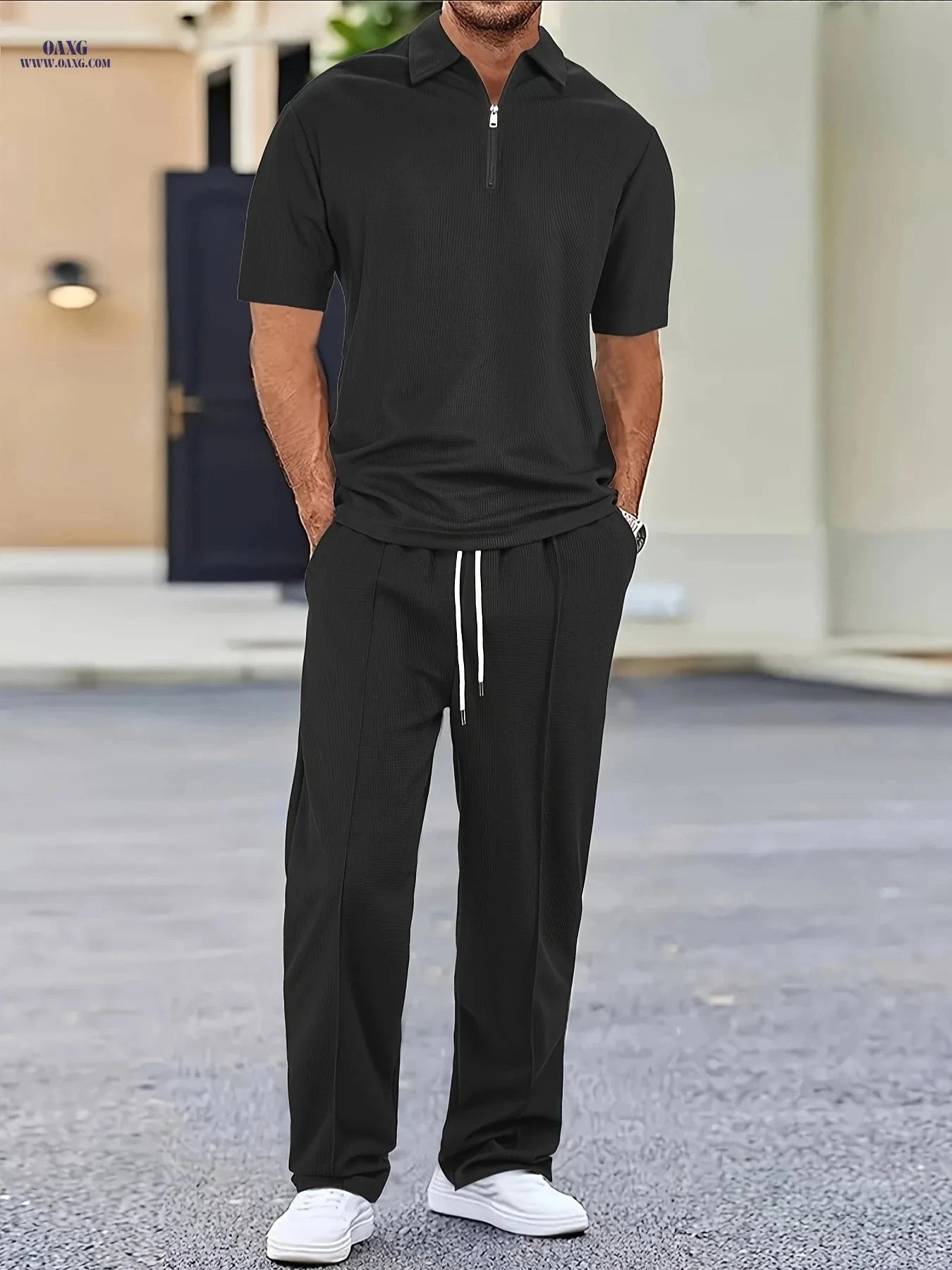 Men's Waffle Knit Casual Set - Zip-Up Lapel Shirt & Drawstring Pants   OAXG 