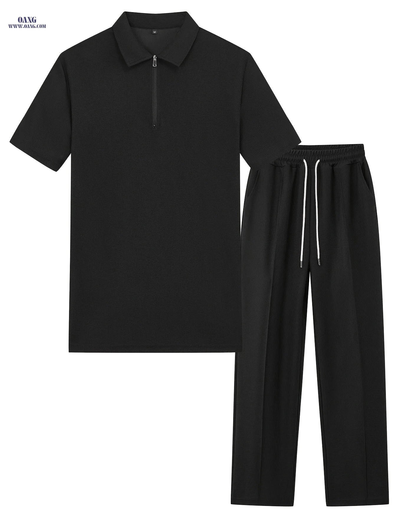 Men's Waffle Knit Casual Set - Zip Up Shirt & Drawstring Pants   OAXG 