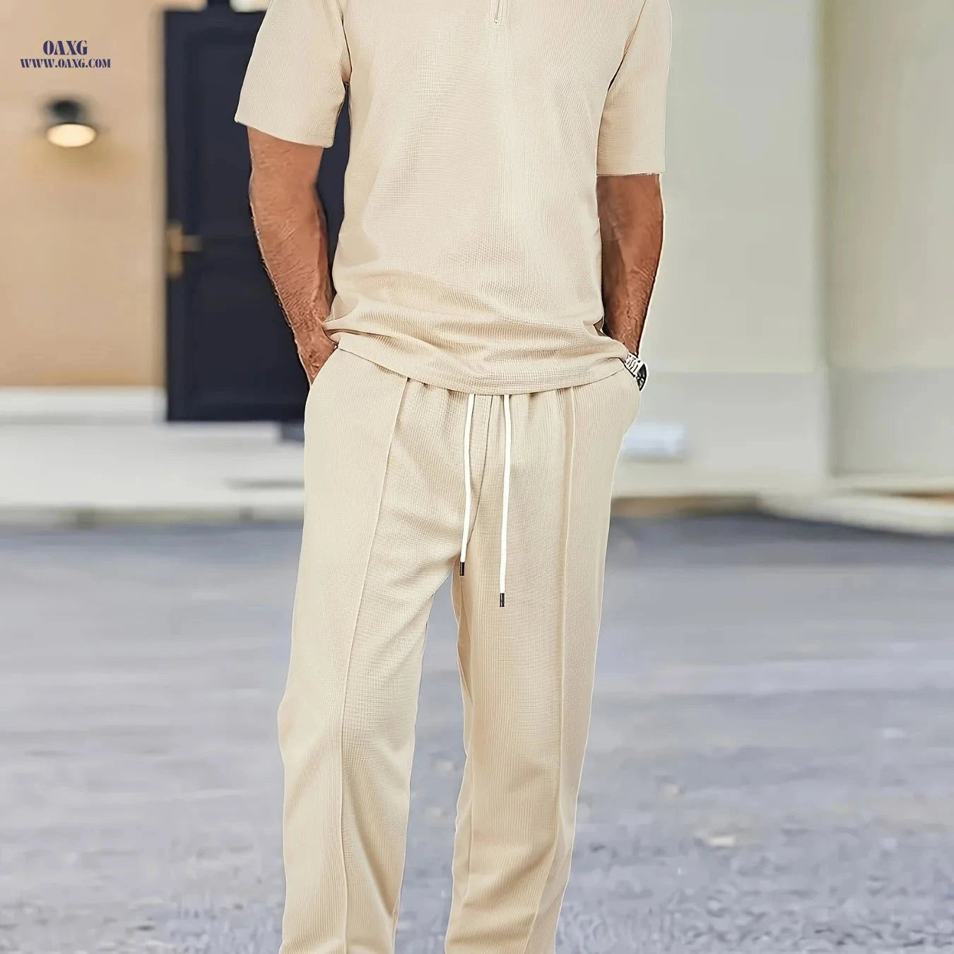 Men's Waffle Knit Casual Set - Zip Up Shirt & Drawstring Pants   OAXG 