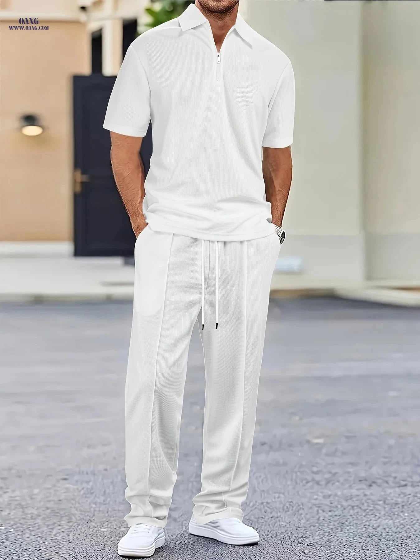 Men's Waffle Knit Casual Set - Zip Up Shirt & Drawstring Pants   OAXG Black / FR S