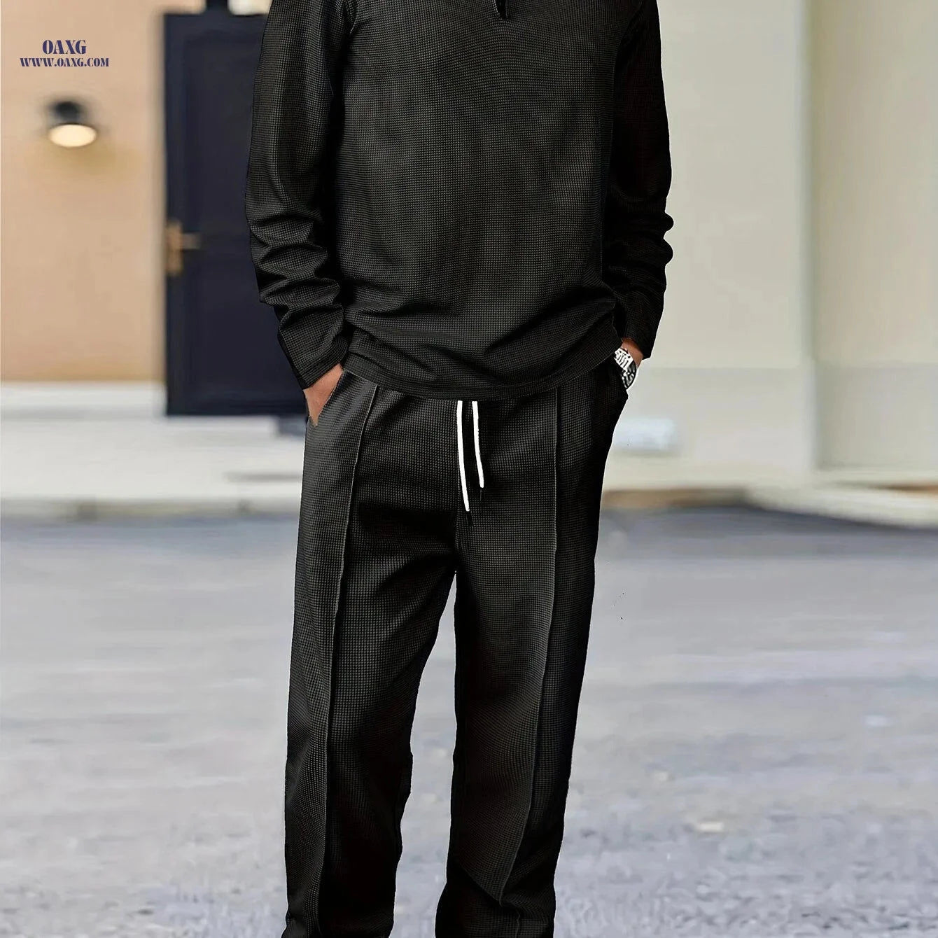 Men's Waffle-Knit Suit - Casual Lapel Shirt & Matching Pants Set   OAXG 