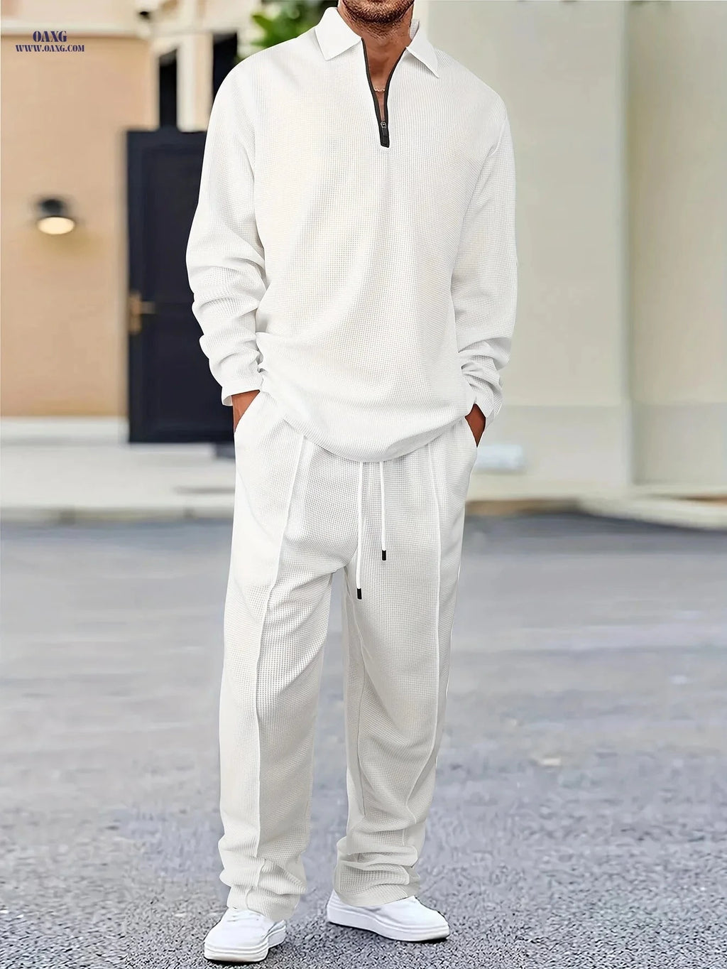 Men's Waffle-Knit Suit - Casual Lapel Shirt & Matching Pants Set   OAXG 