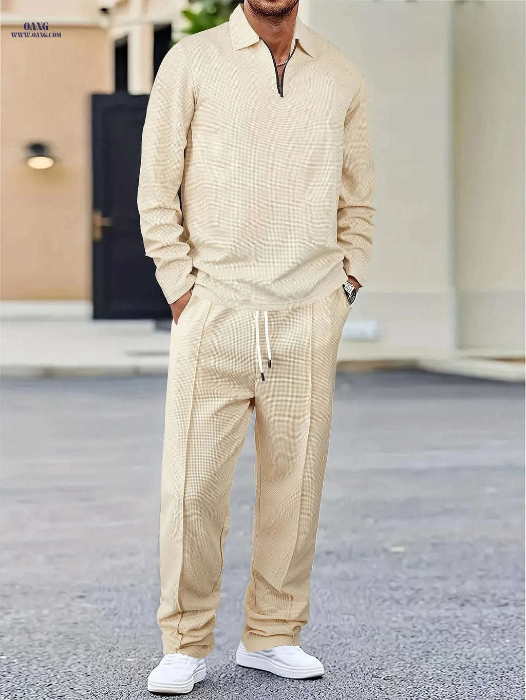 Men's Waffle-Knit Suit - Casual Lapel Shirt & Matching Pants Set   OAXG 