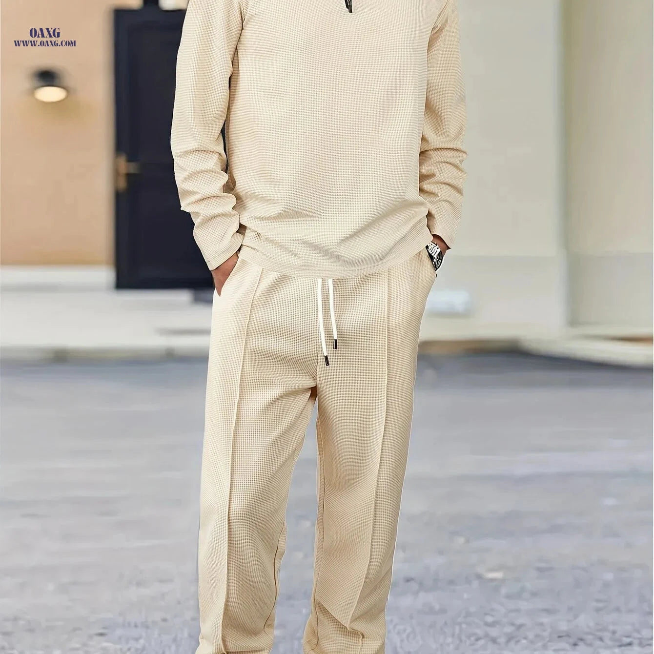 Men's Waffle-Knit Suit - Casual Lapel Shirt & Matching Pants Set   OAXG White / FR S