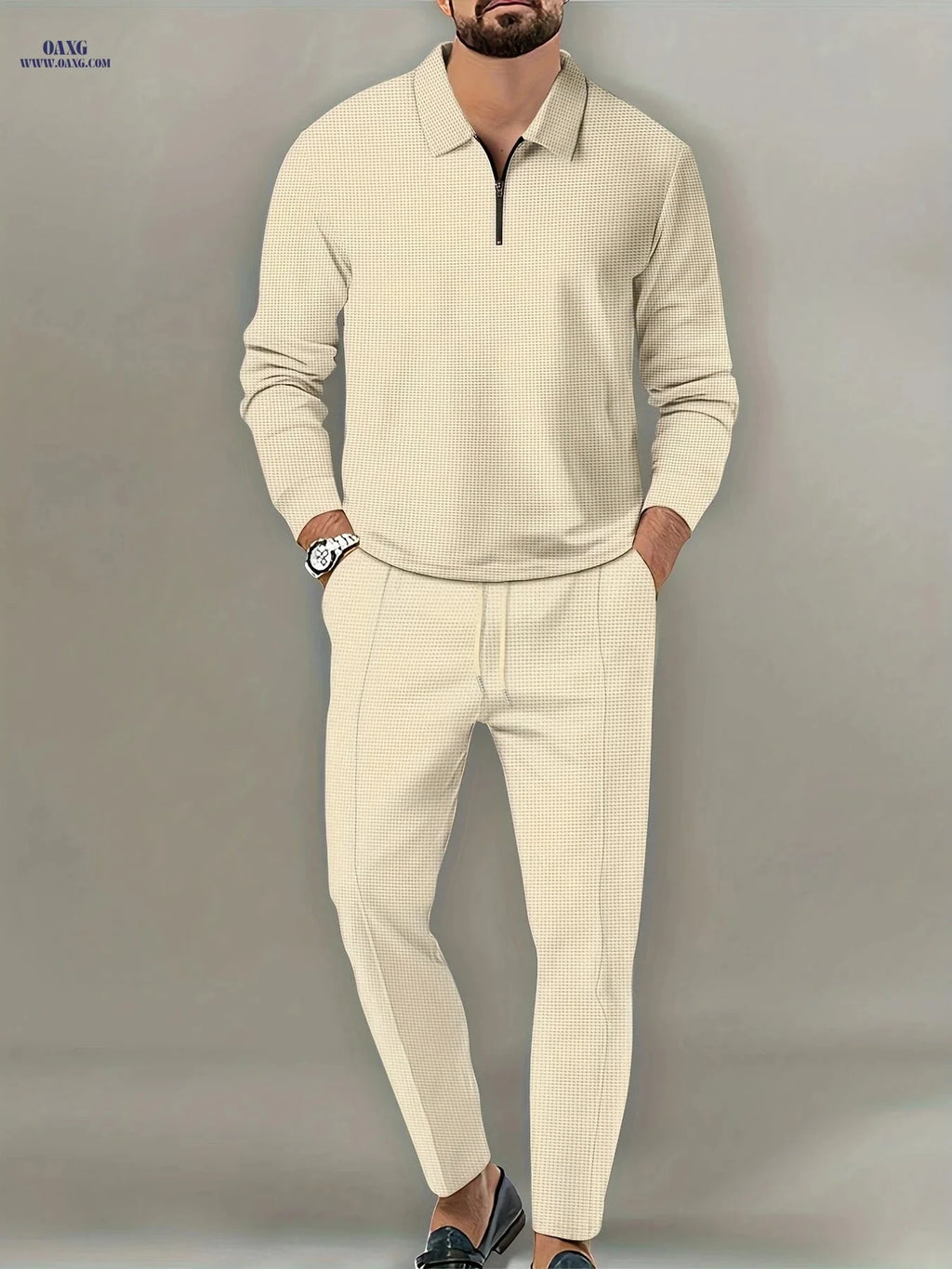 Men's Waffle Pattern 2-Piece Outfit - Casual V-Neck Pullover Set   OAXG 