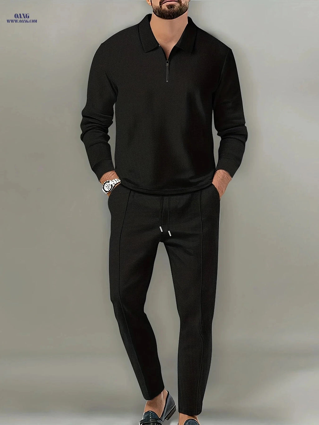 Men's Waffle Pattern 2-Piece Outfit - Casual V-Neck Pullover Set   OAXG 