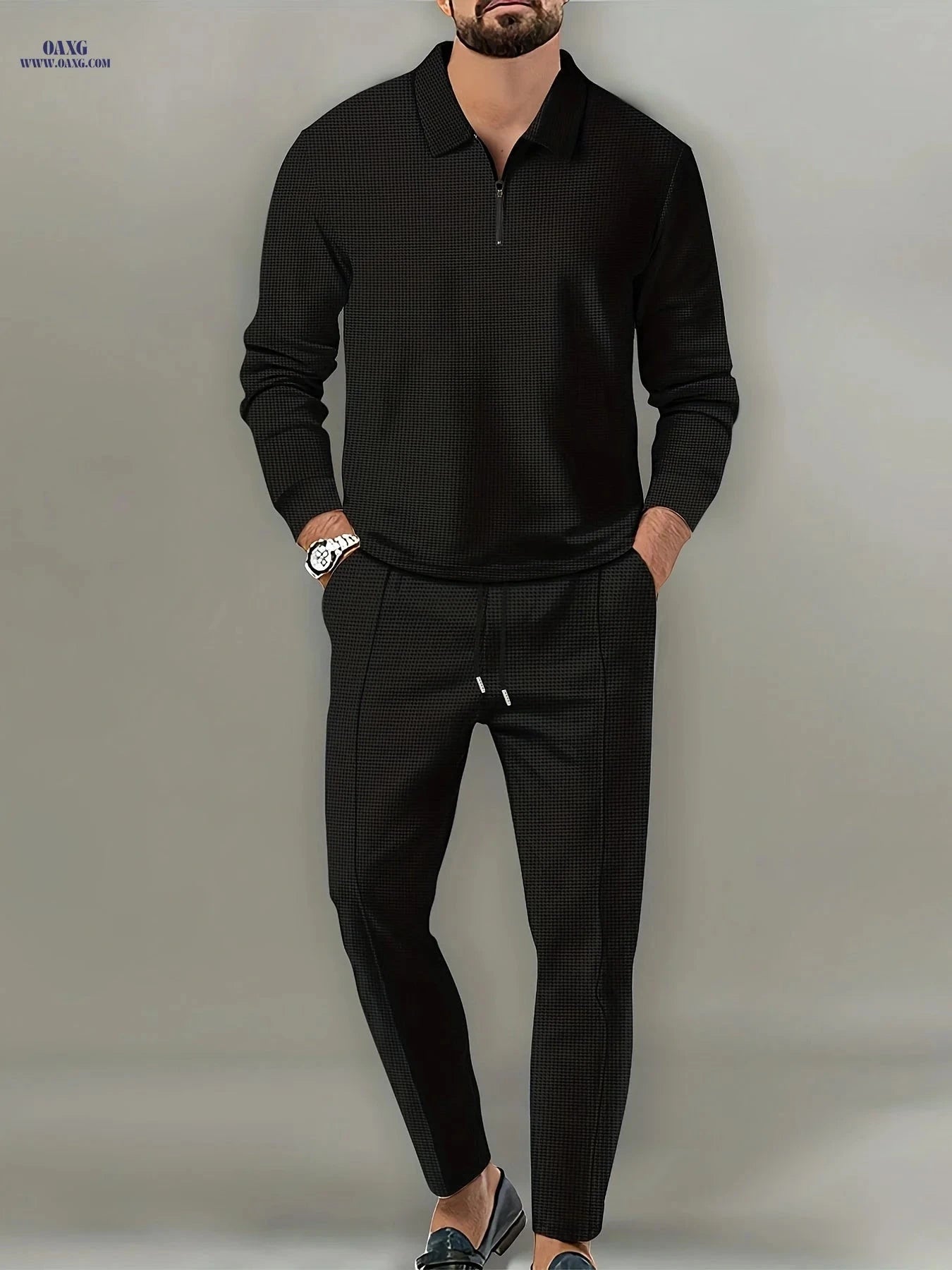 Men's Waffle Pattern 2-Piece Outfit - Casual V-Neck Pullover Set   OAXG 