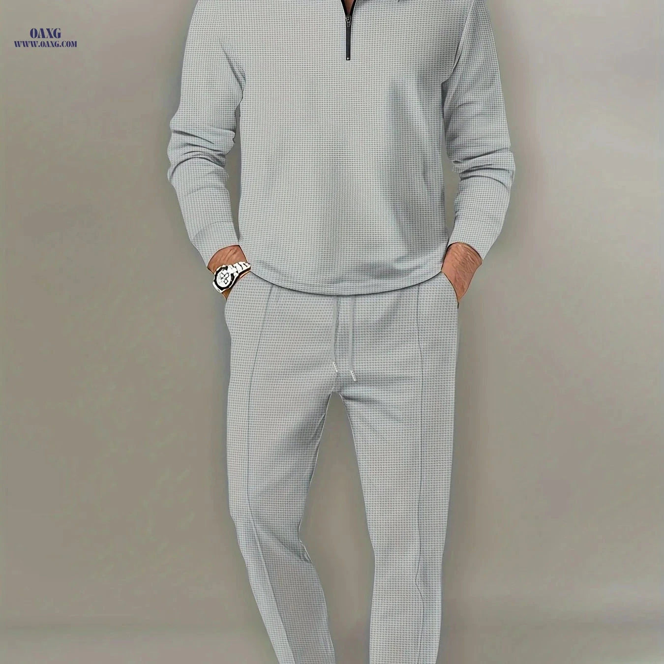 Men's Waffle Pattern 2-Piece Outfit - Casual V-Neck Pullover Set   OAXG 