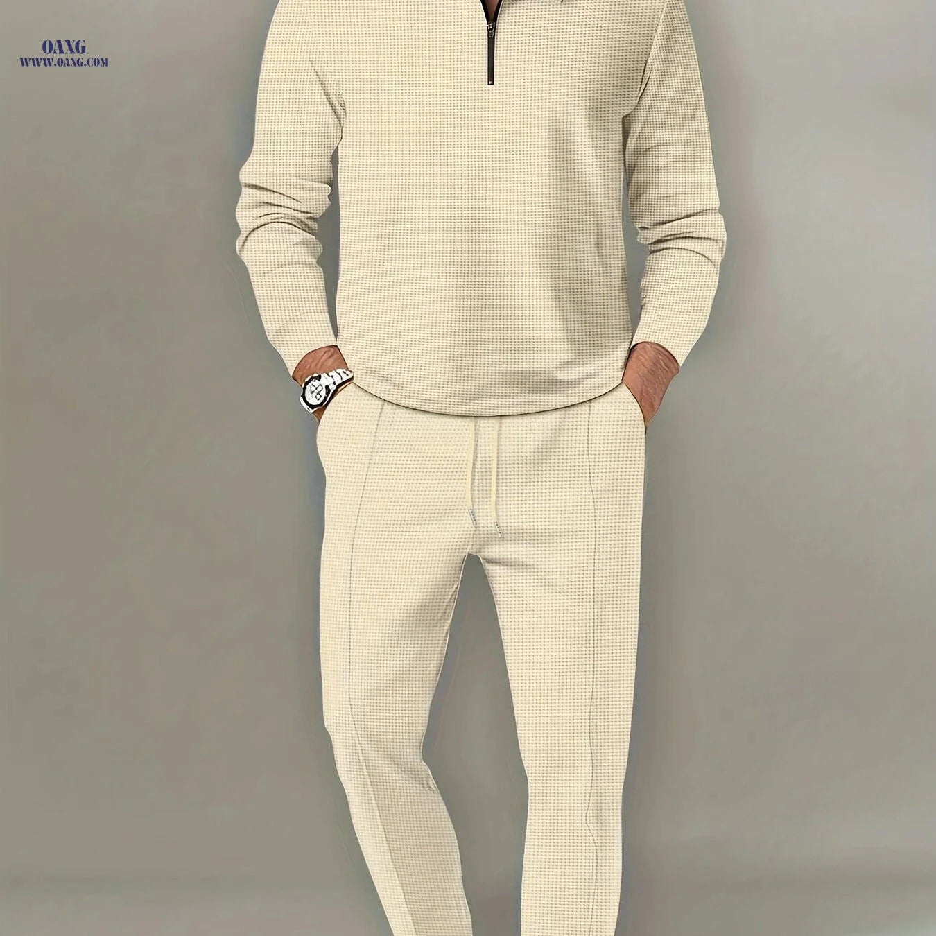 Men's Waffle Pattern 2-Piece Outfit - Casual V-Neck Pullover Set   OAXG 