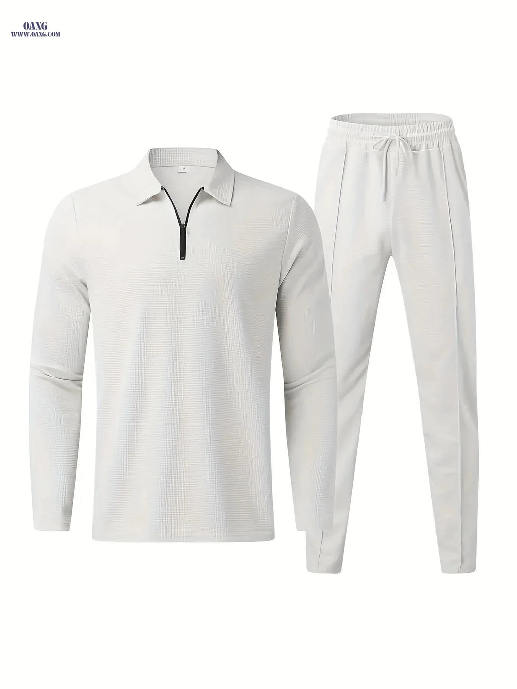 Men's Waffle Pattern 2-Piece Outfit - Casual V-Neck Pullover Set   OAXG 