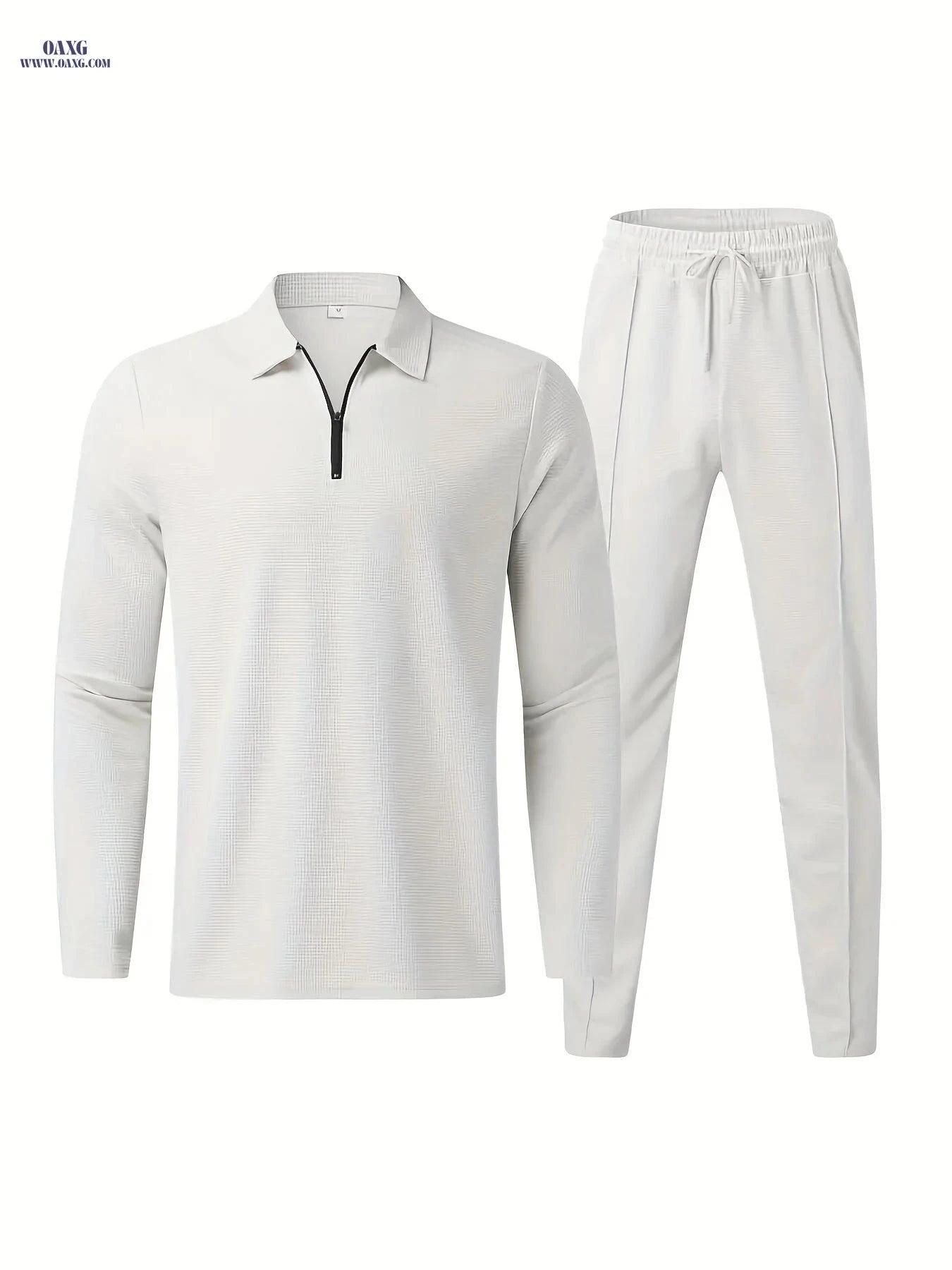 Men's Waffle Pattern 2-Piece Outfit - Casual V-Neck Pullover Set   OAXG 