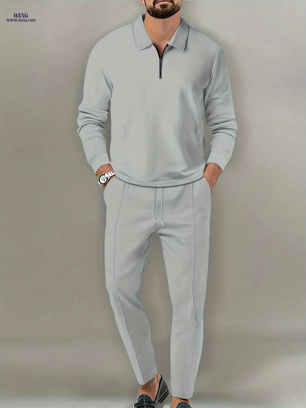 Men's Waffle Pattern 2-Piece Outfit - Casual V-Neck Pullover Set   OAXG 