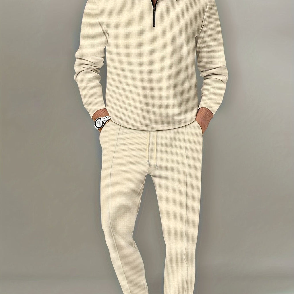 Men's Waffle Pattern 2-Piece Outfit - Casual V-Neck Pullover Set   OAXG Black / FR S