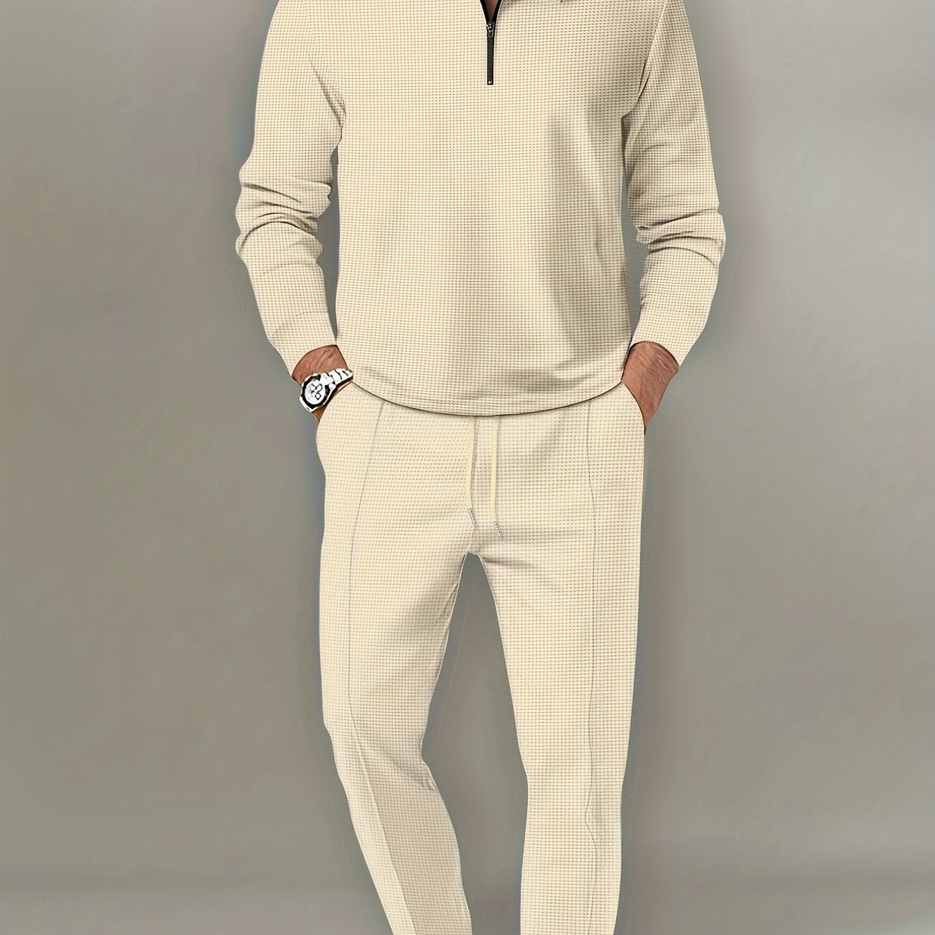 Men's Waffle Pattern 2-Piece Outfit - Casual V-Neck Pullover Set   OAXG Black / FR S