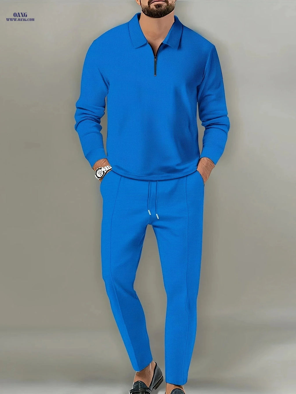 Men's Waffle Pattern 2-Piece Outfit - Casual V-Neck Pullover Set   OAXG Black / FR S