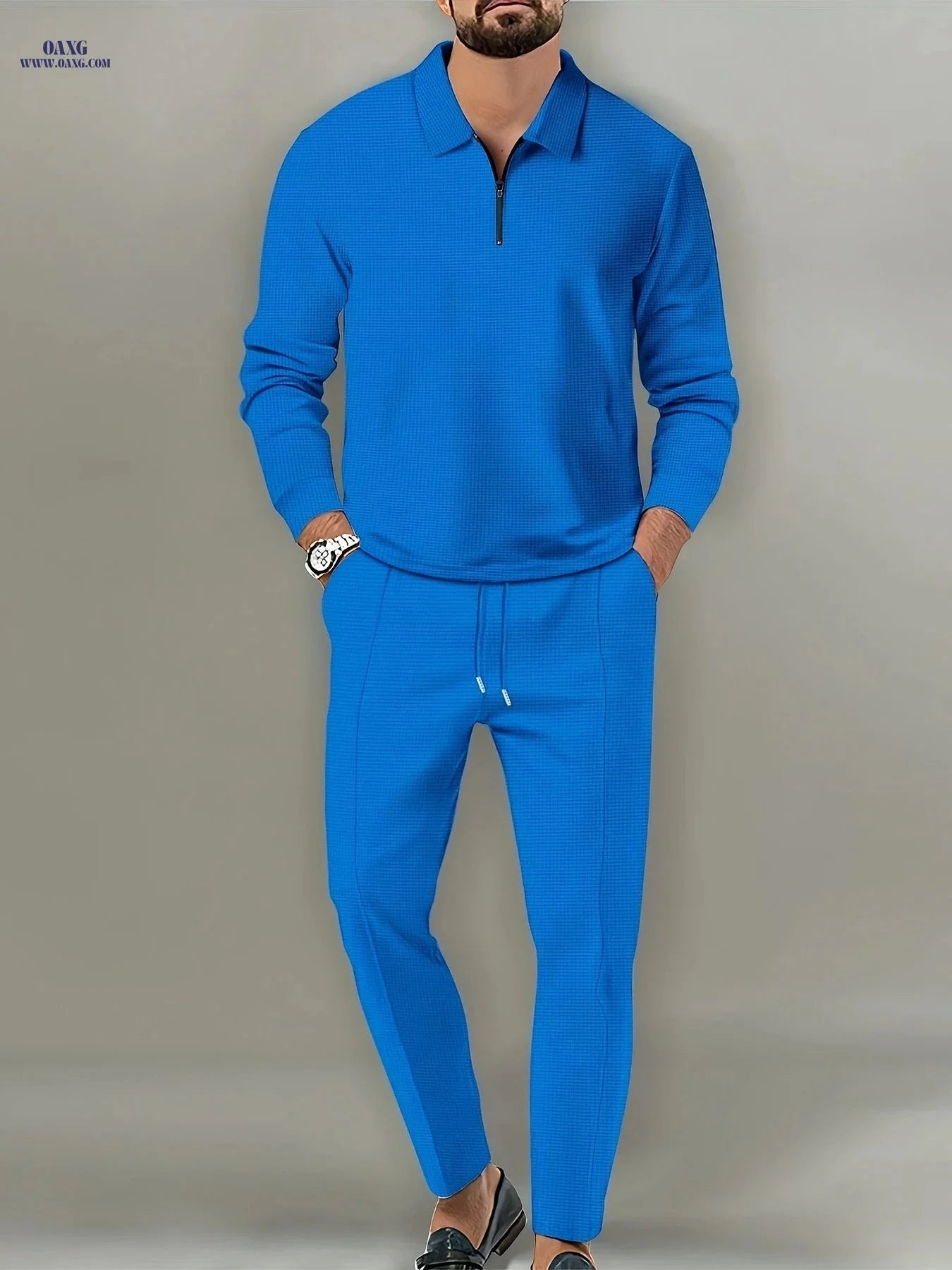 Men's Waffle Pattern 2-Piece Outfit - Casual V-Neck Pullover Set   OAXG Black / FR S