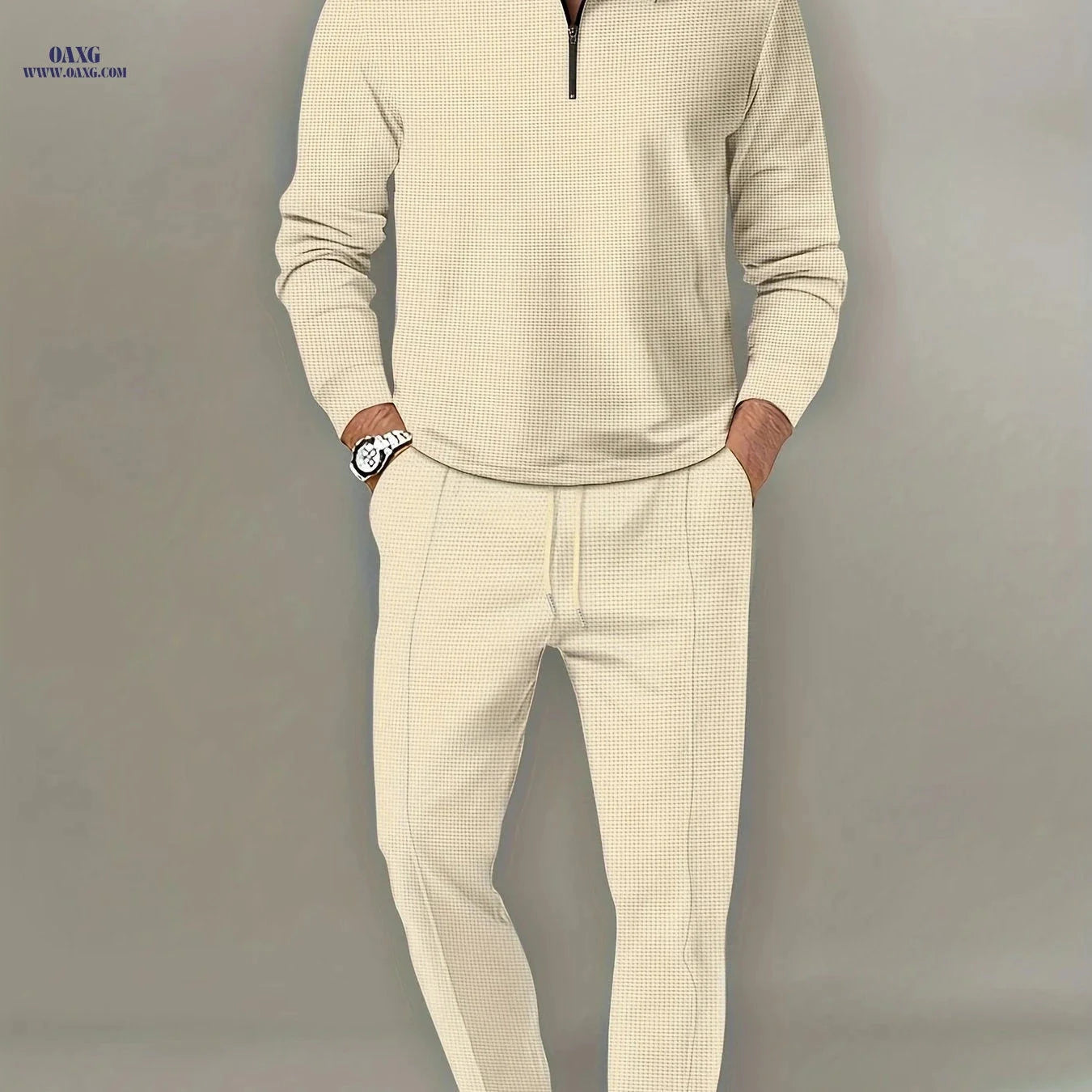 Men's Waffle Pattern 2-Piece Outfit - Casual V-Neck Pullover Set   OAXG 