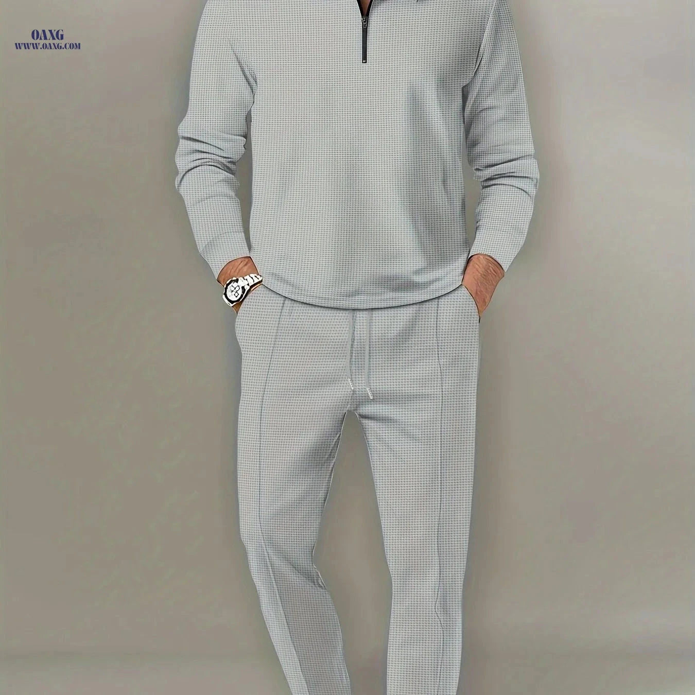 Men's Waffle Pattern 2-Piece Outfit - Casual V-Neck Pullover Set   OAXG 