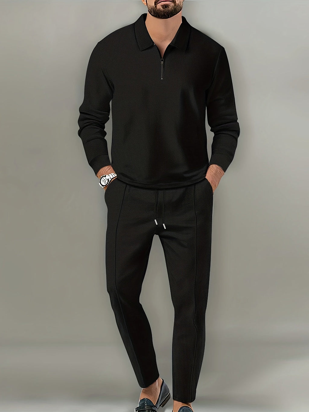 Men's Waffle Pattern 2-Piece Outfit - Casual V-Neck Pullover Set   OAXG 