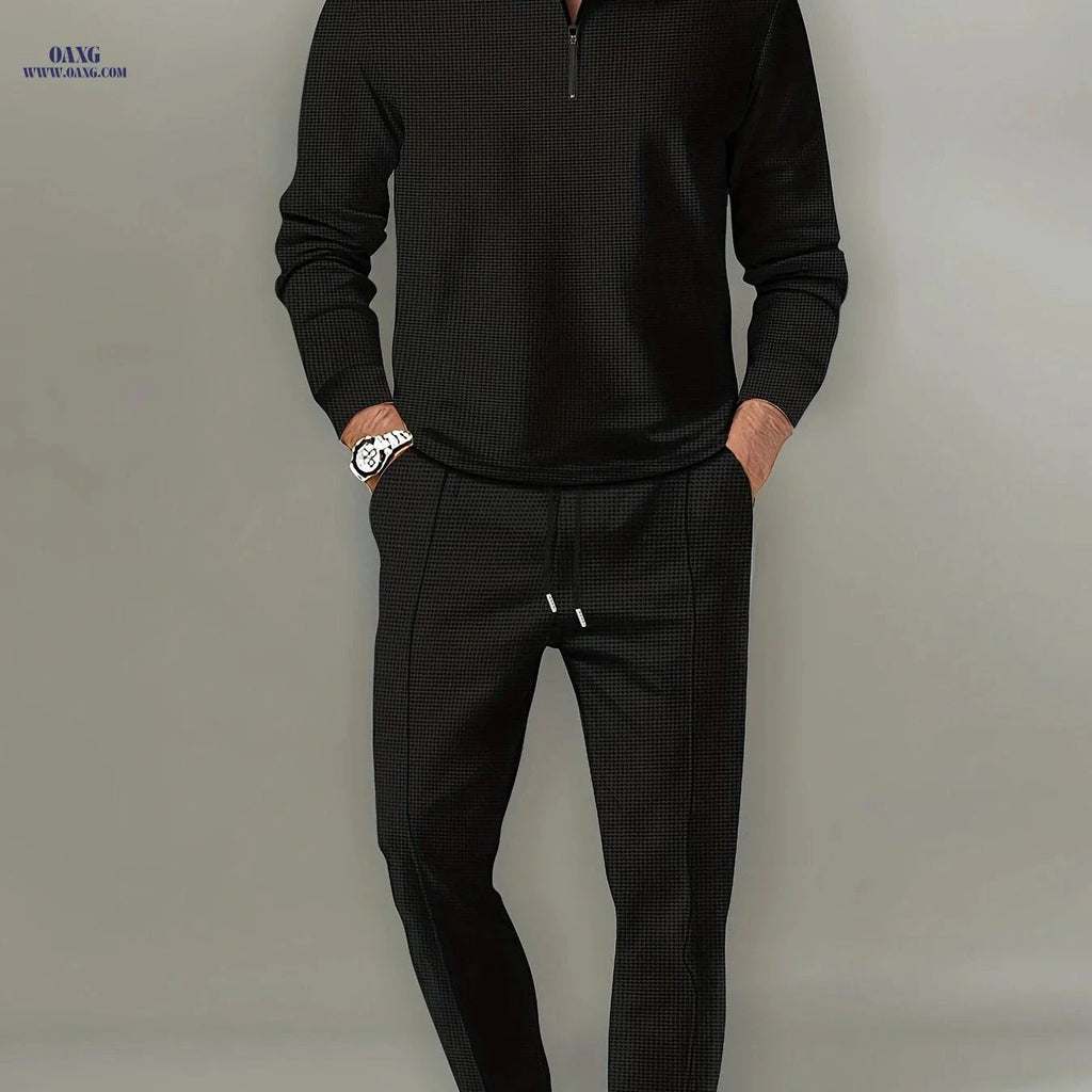 Men's Waffle Pattern 2-Piece Outfit - Casual V-Neck Pullover Set   OAXG 