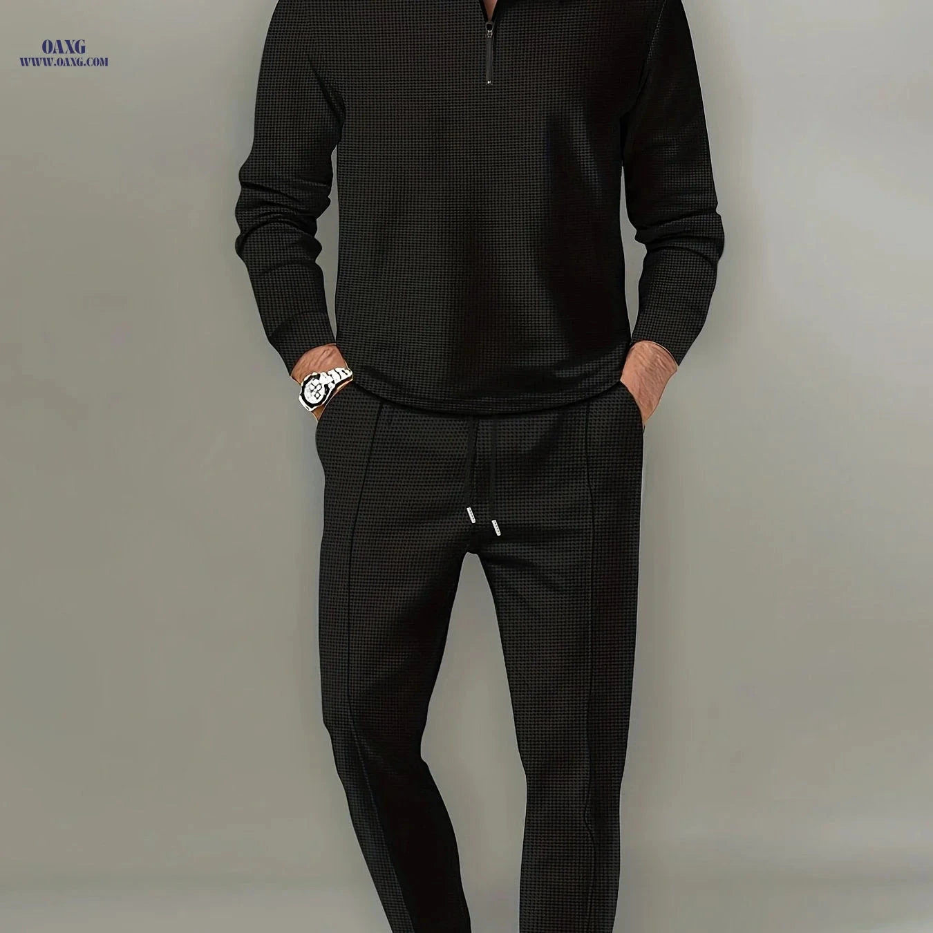 Men's Waffle Pattern 2-Piece Outfit - Casual V-Neck Pullover Set   OAXG 