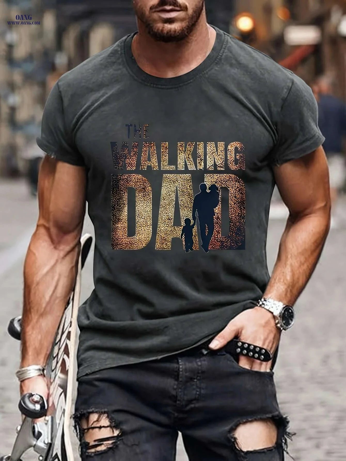 Men's Walking Dad T-Shirt - Casual Short Sleeve with Family Design   OAXG 