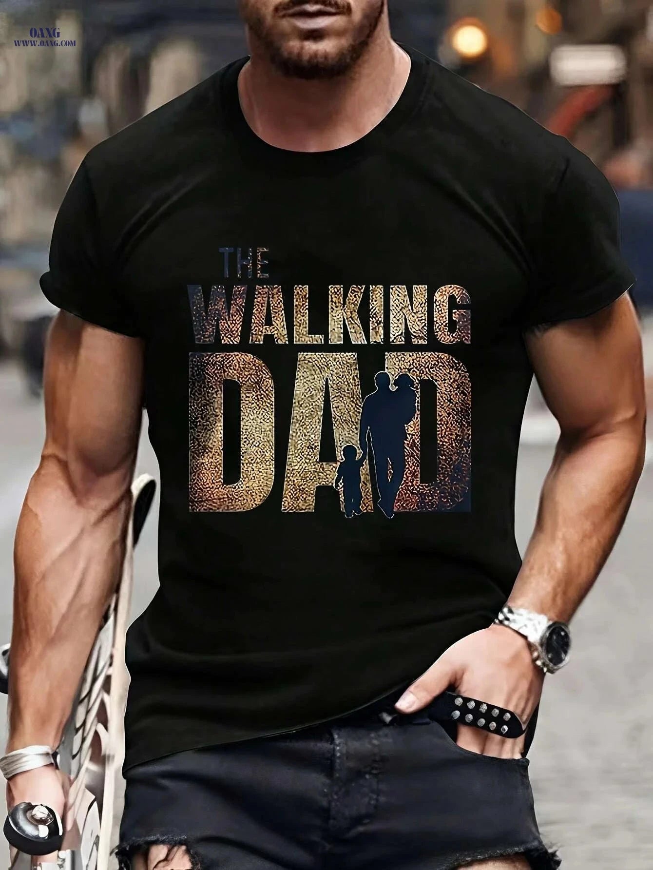 Men's Walking Dad T-Shirt - Casual Short Sleeve with Family Design   OAXG Navy Blue / M