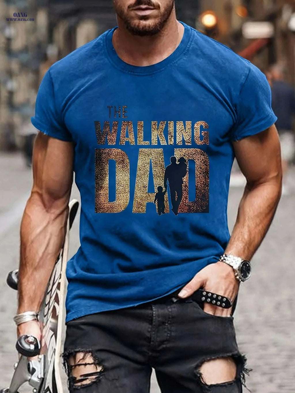 Men's Walking Dad T-Shirt - Casual Short Sleeve with Family Design   OAXG Navy Blue / M