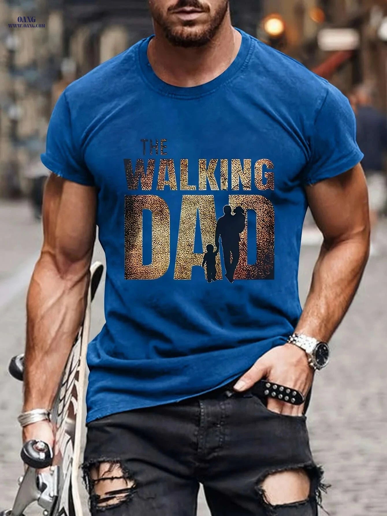 Men's Walking Dad T-Shirt - Casual Short Sleeve with Family Design   OAXG Navy Blue / M