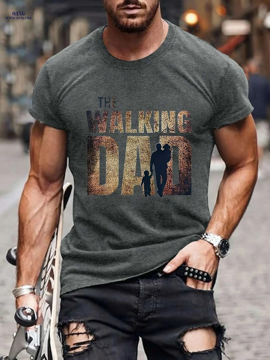 Men's Walking Dad T-Shirt - Casual Short Sleeve with Family Design   OAXG Navy Blue / M
