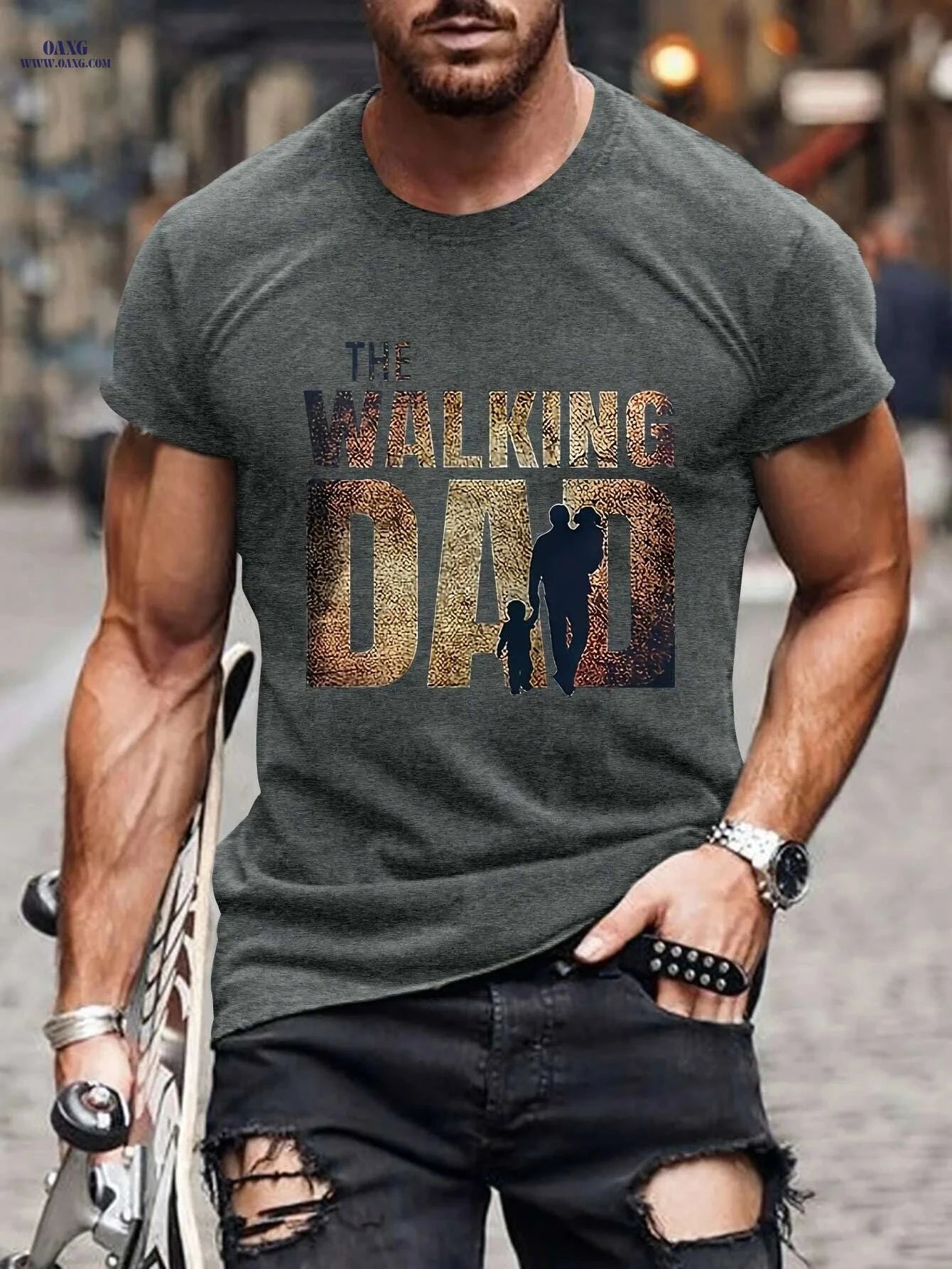 Men's Walking Dad T-Shirt - Casual Short Sleeve with Family Design   OAXG Navy Blue / M