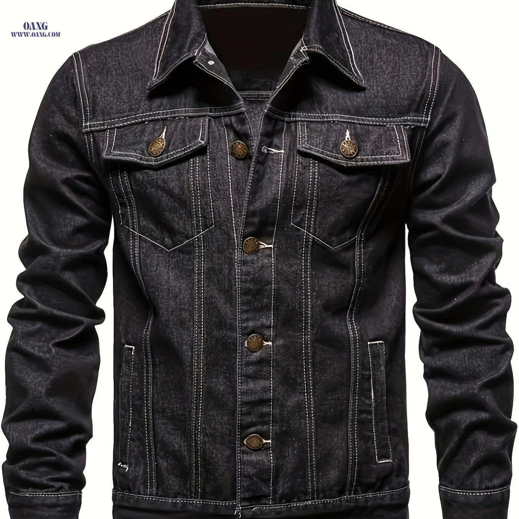Men's Washed Denim Jacket - Casual Loose Fit, Machine Washable   OAXG Black / FR XS