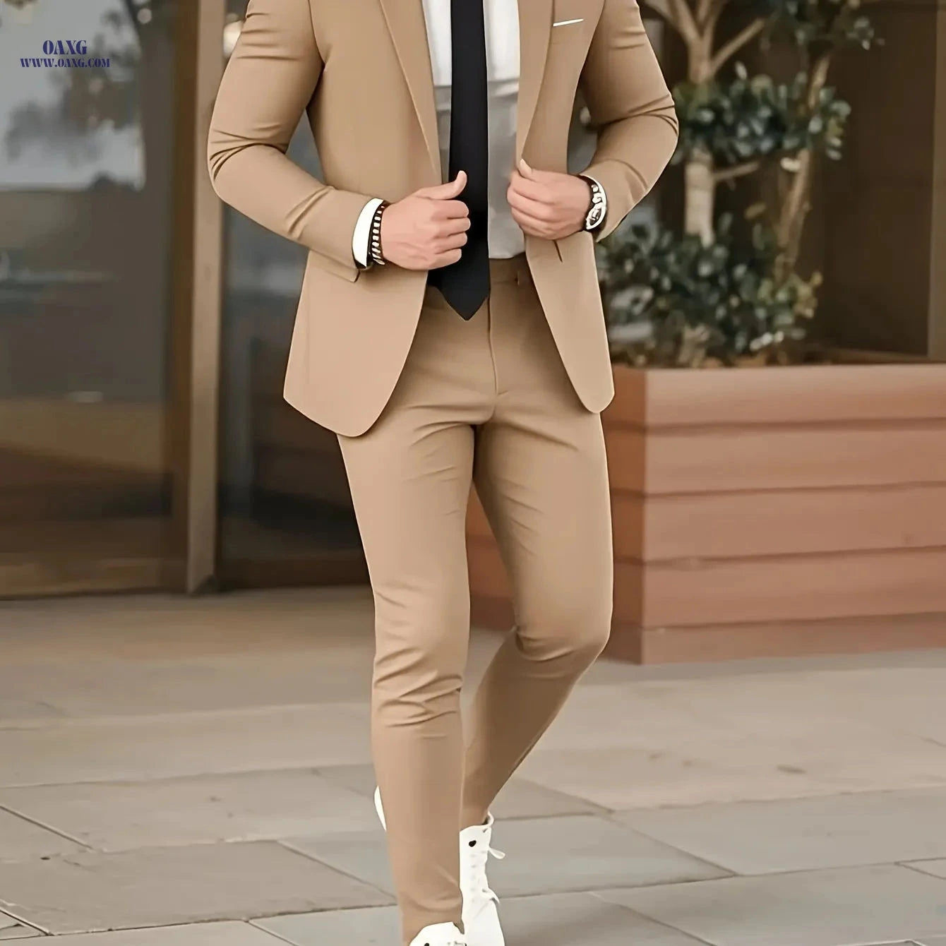 Men's Wedding Suit Set - Beige Collar Notch Jacket & Pants   OAXG 
