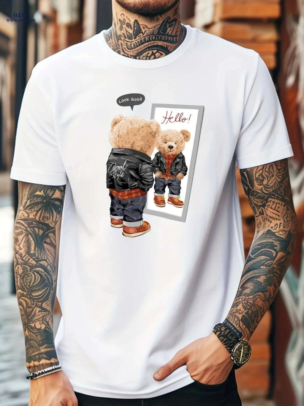 Men's White Casual T-Shirt - Cute Teddy Bear Graphic for Summer   OAXG 