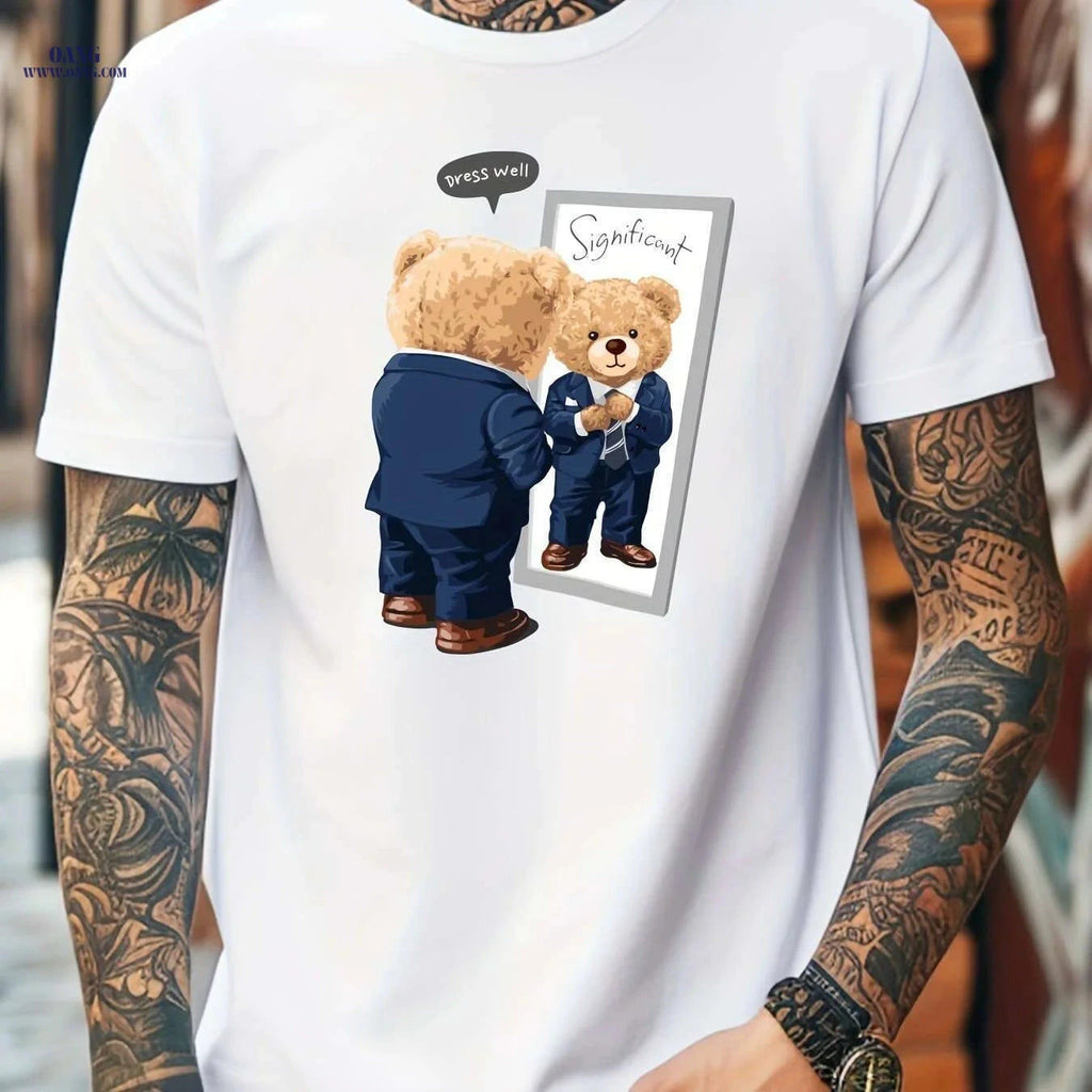 Men's White Casual T-Shirt - Cute Teddy Bear Graphic for Summer   OAXG White / XXS