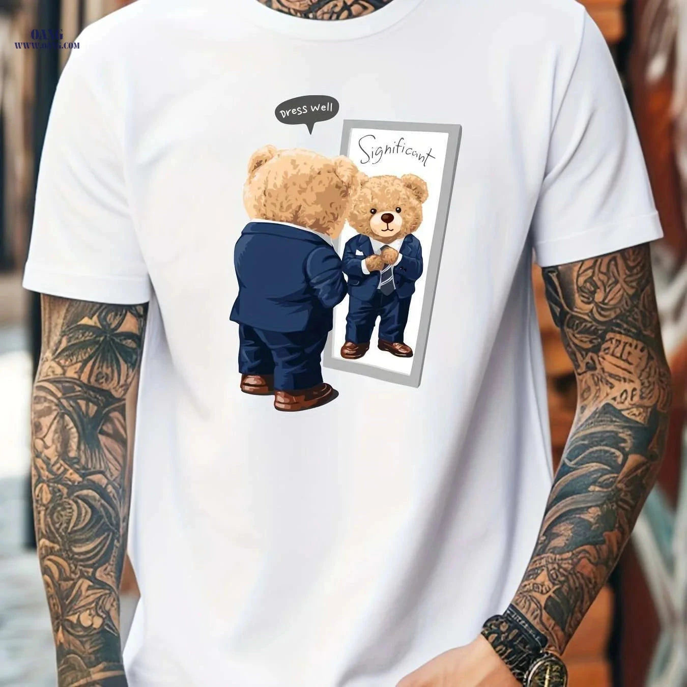 Men's White Casual T-Shirt - Cute Teddy Bear Graphic for Summer   OAXG White / XXS