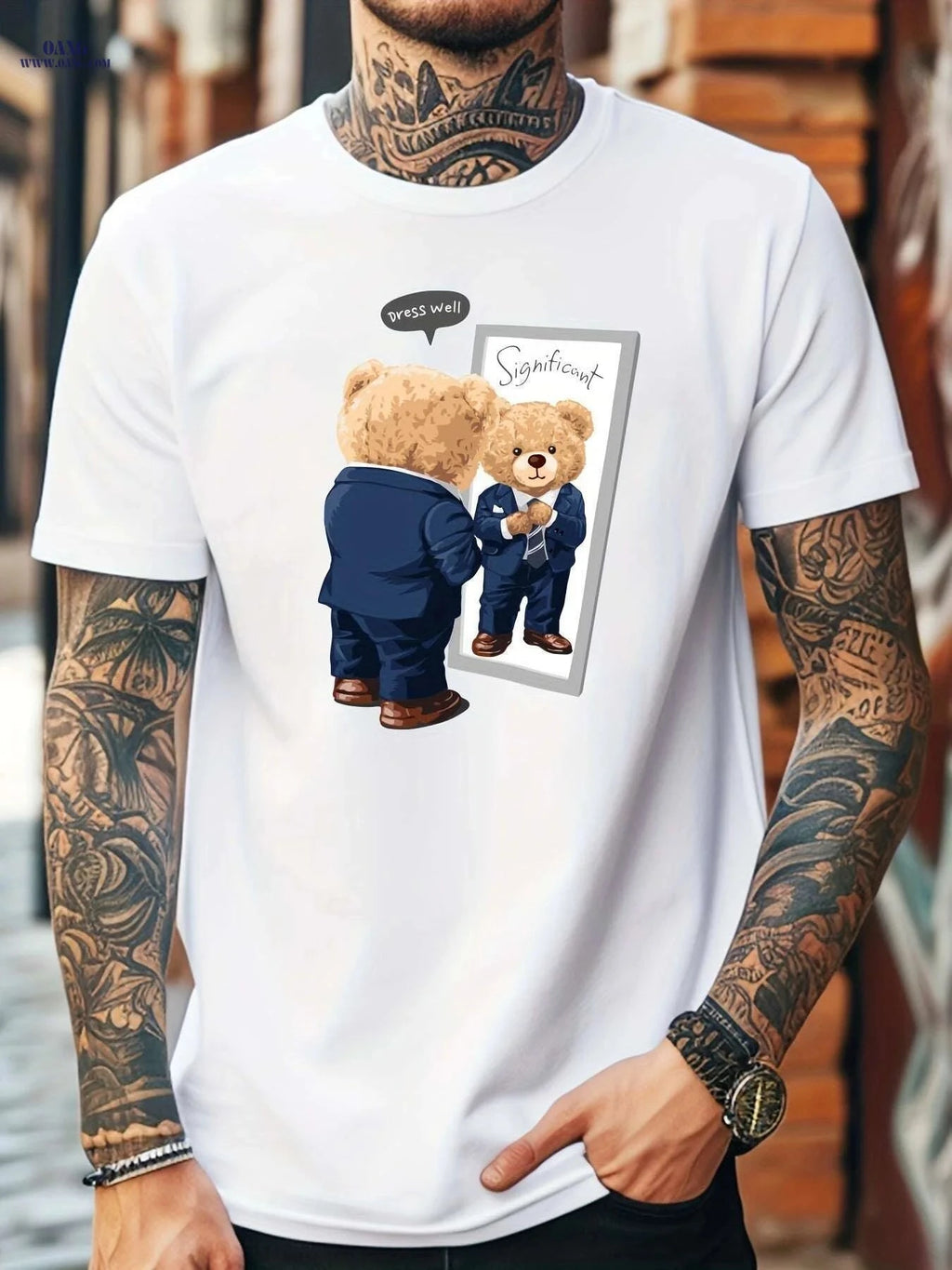 Men's White Casual T-Shirt - Cute Teddy Bear Graphic for Summer   OAXG White / XXS