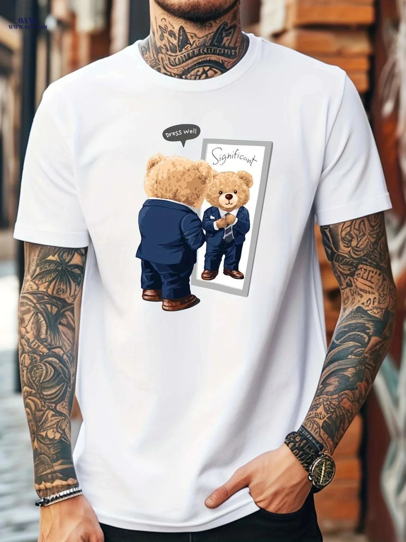 Men's White Casual T-Shirt - Cute Teddy Bear Graphic for Summer   OAXG White / XXS