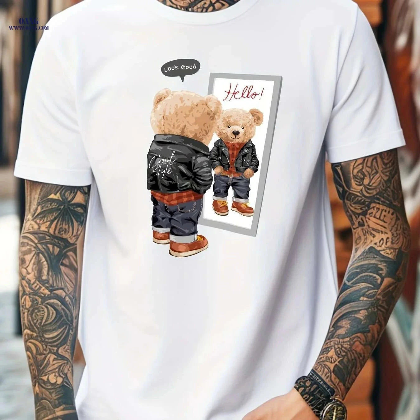 Men's White Casual T-Shirt - Cute Teddy Bear Graphic for Summer   OAXG White / XXS