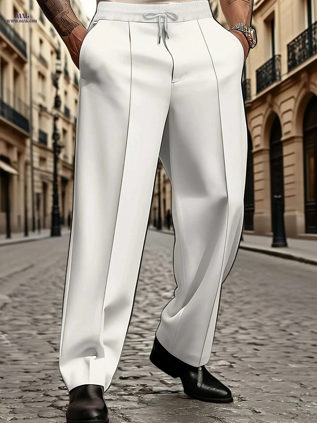 Men's White Casual Trousers - Elastic Drawstring & Belt Loops   OAXG 