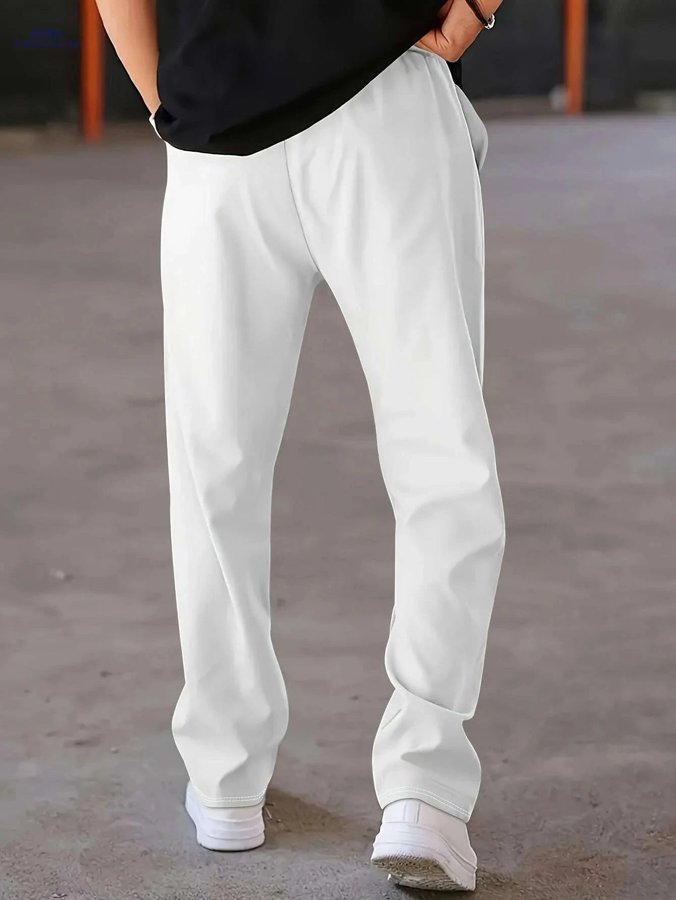 Men's White Casual Trousers - Elastic Drawstring & Belt Loops   OAXG White / M