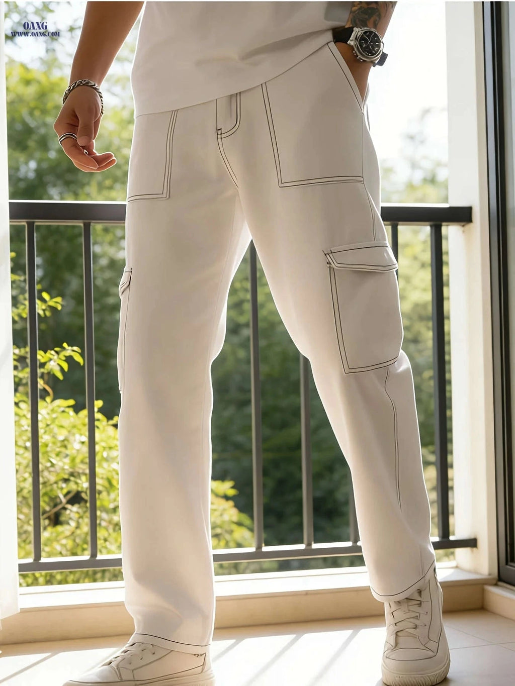 Men's White Loose Straight-Leg Jeans - Casual Multi-Pocket Workwear   OAXG 