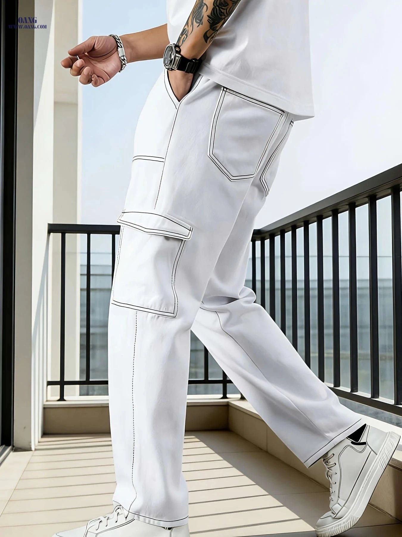 Men's White Loose Straight-Leg Jeans - Casual Multi-Pocket Workwear   OAXG 