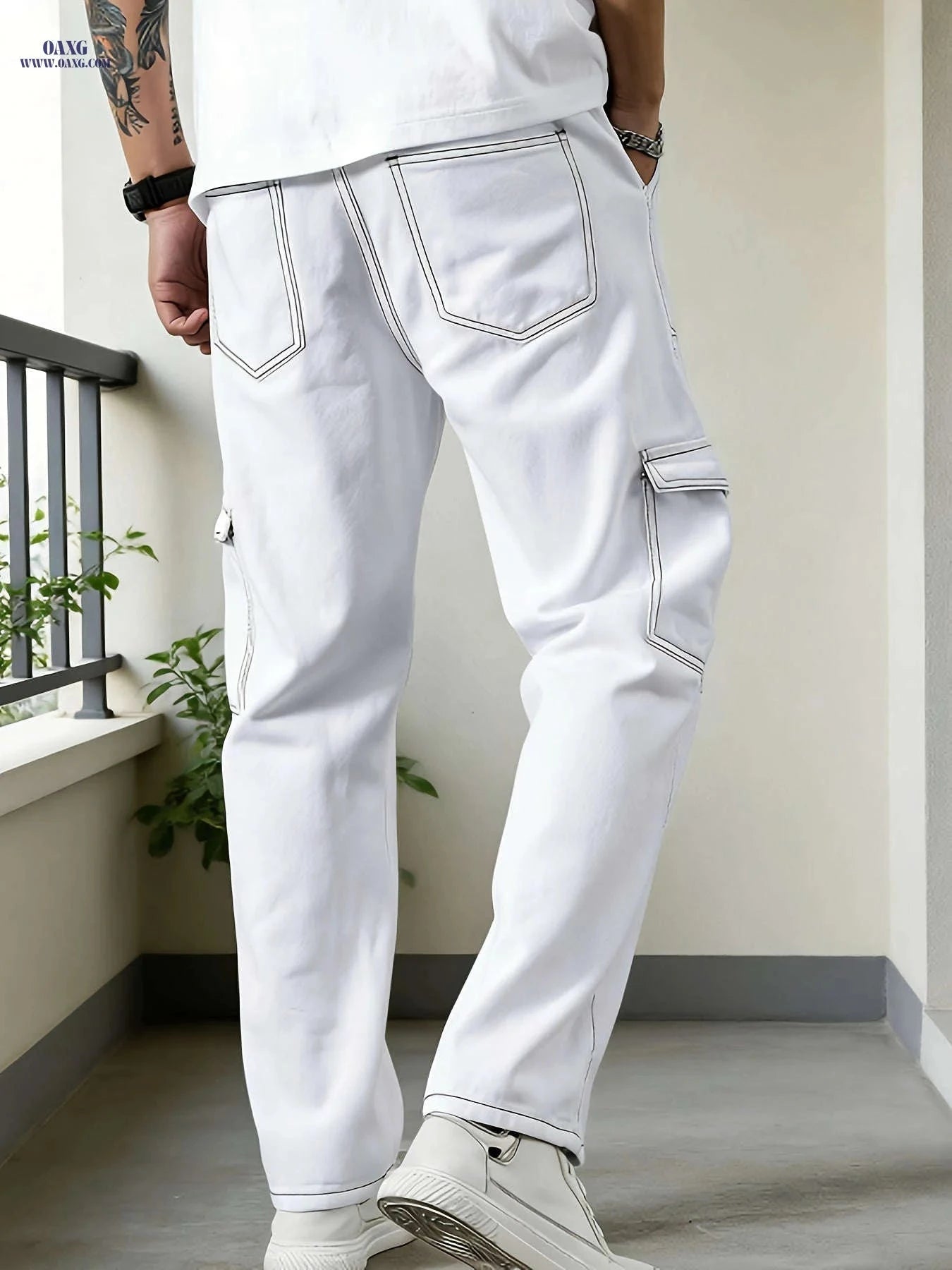 Men's White Loose Straight-Leg Jeans - Casual Multi-Pocket Workwear   OAXG White / FR M