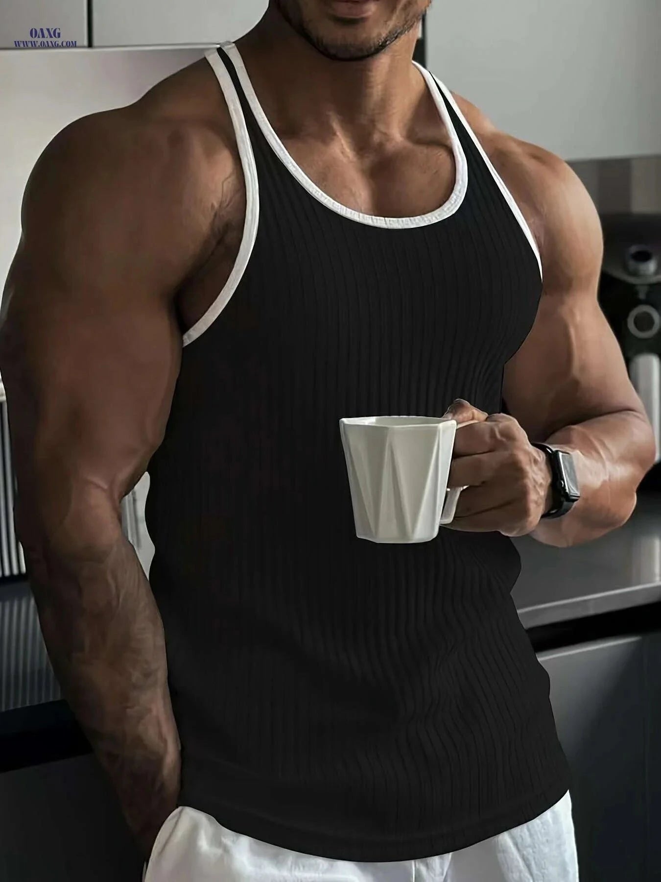Men's White Tank Top - Black Stripes, Soft for Summer Sports   OAXG White / S