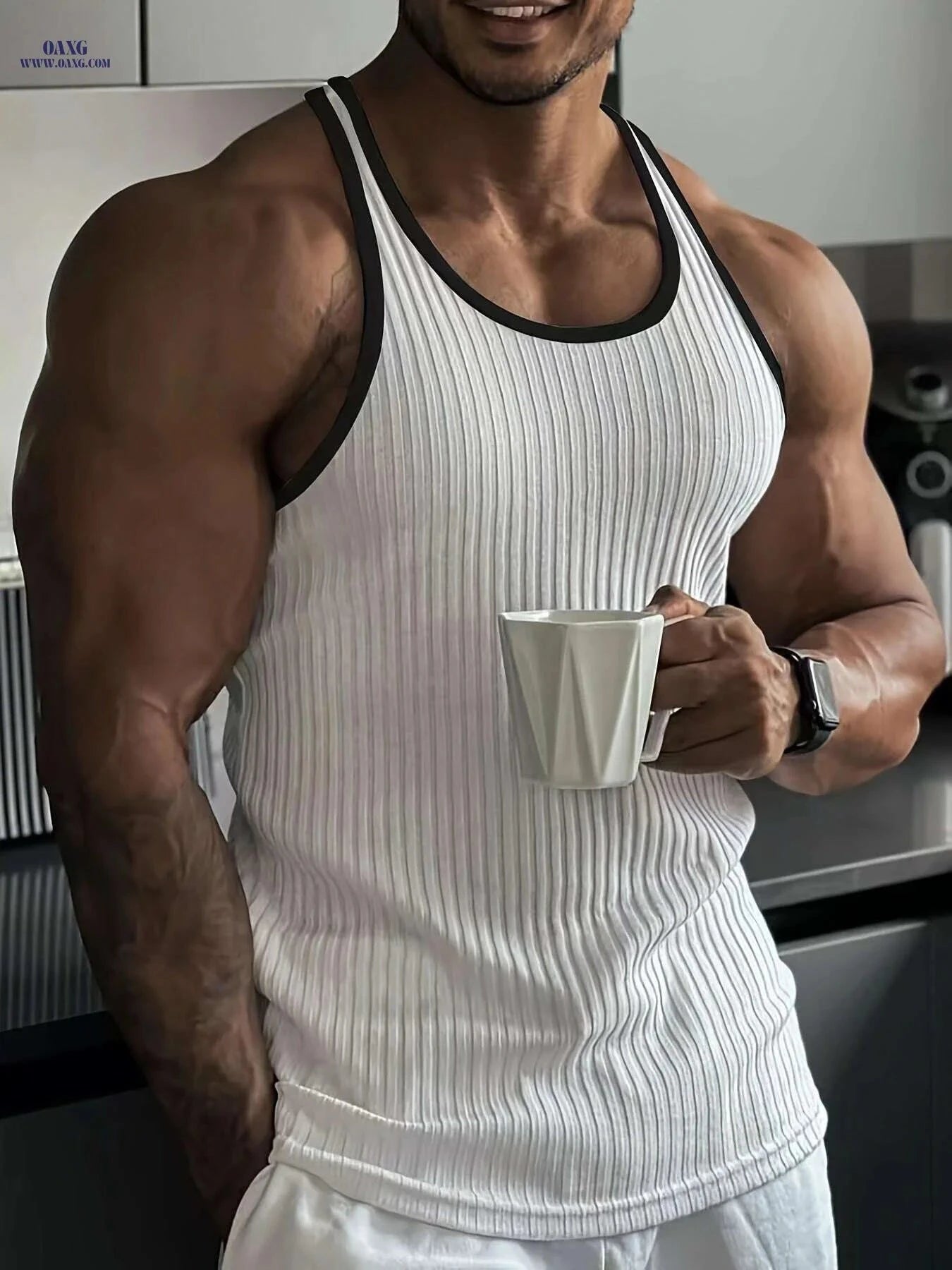 Men's White Tank Top - Black Stripes, Soft for Summer Sports   OAXG White / S